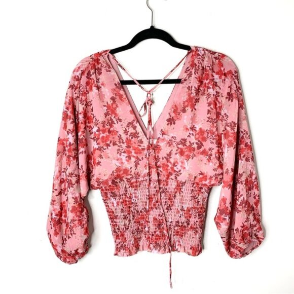 Revolve Wayf Women's Blouse Floral Print Smocked Waist Top Pink Red V-neck - Picture 2 of 13